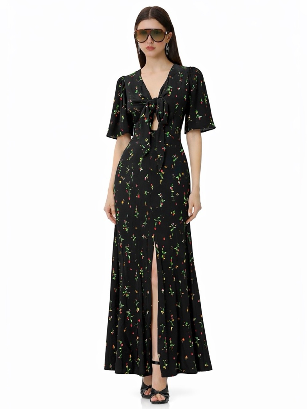 AFRM Black Floral Tie-Front Maxi Dress